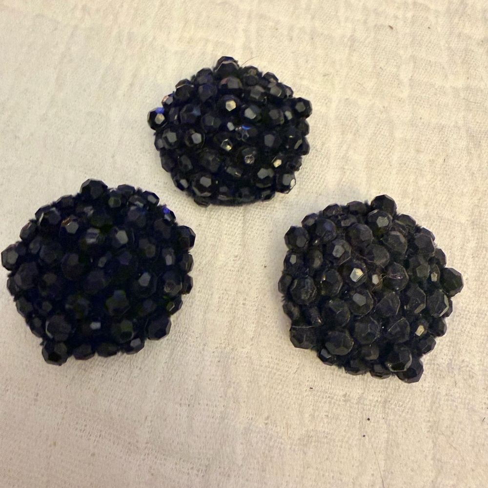 Vintage Black Beaded Cluster Buttons - Set of 3